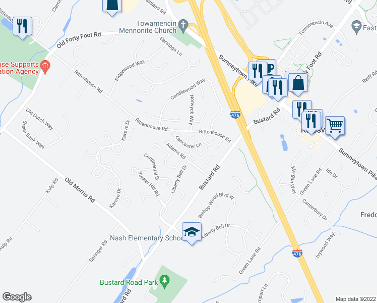 map of restaurants, bars, coffee shops, grocery stores, and more near 105 Carlton Court in Harleysville