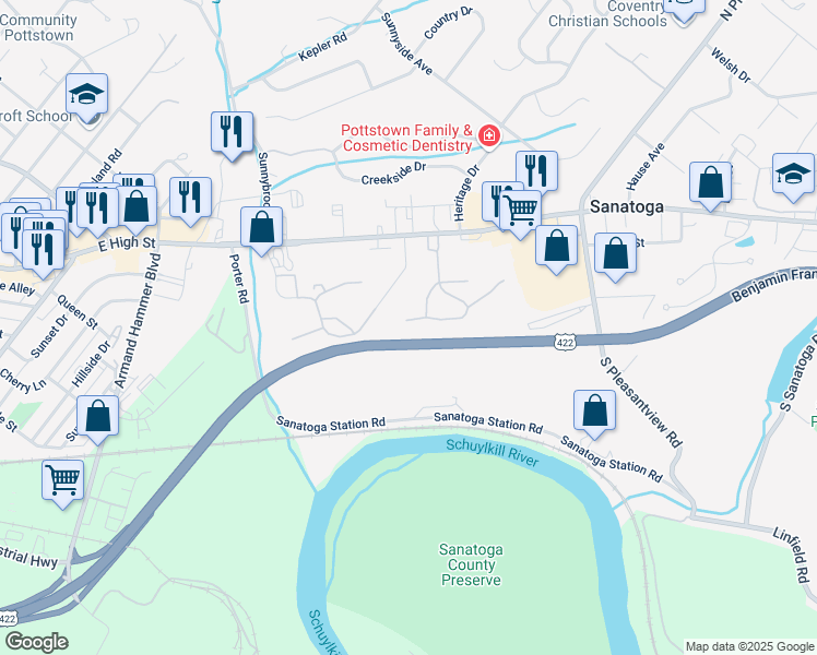 map of restaurants, bars, coffee shops, grocery stores, and more near 315 Pinetree Court in Pottstown