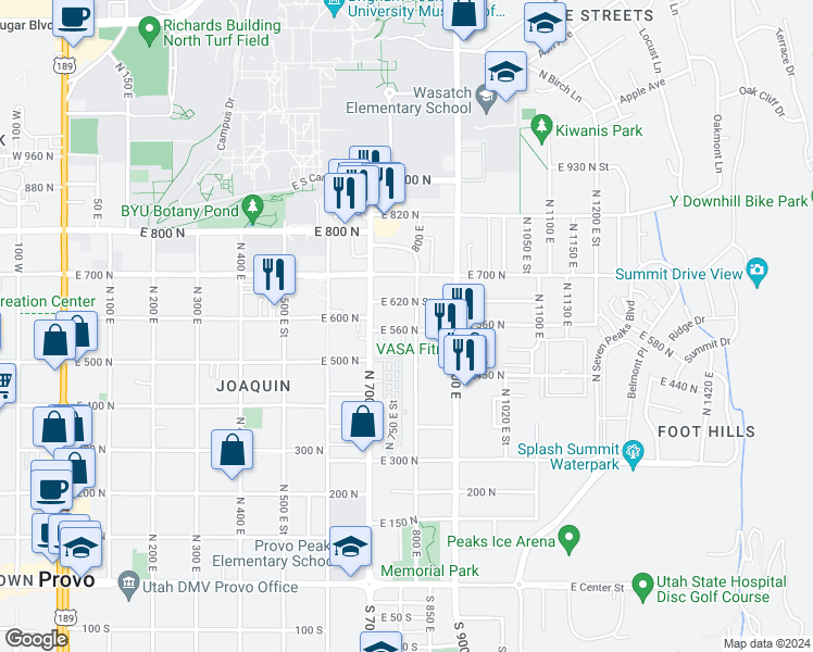 map of restaurants, bars, coffee shops, grocery stores, and more near 785 East 560 North in Provo