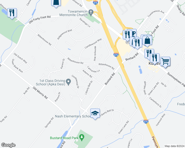 map of restaurants, bars, coffee shops, grocery stores, and more near 108 Carlton Court in Harleysville