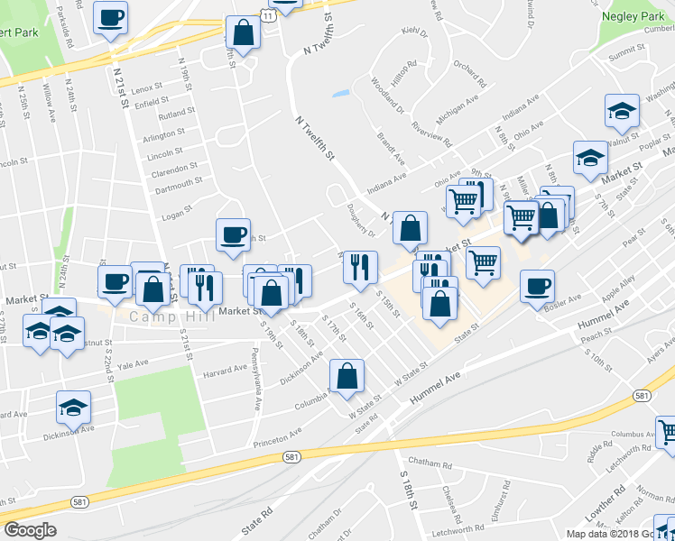 map of restaurants, bars, coffee shops, grocery stores, and more near 1507 Walnut Street in Camp Hill