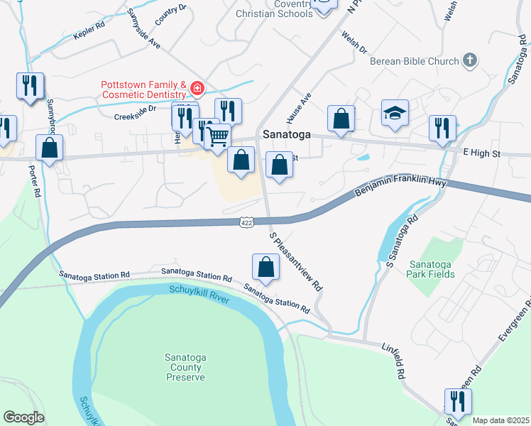 map of restaurants, bars, coffee shops, grocery stores, and more near 177 South Pleasantview Road in Pottstown