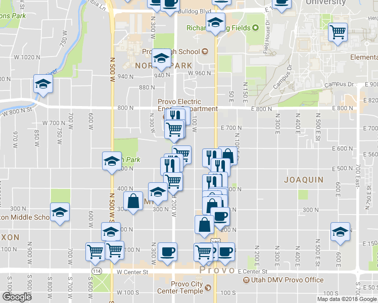 map of restaurants, bars, coffee shops, grocery stores, and more near 593 North 100 West in Provo