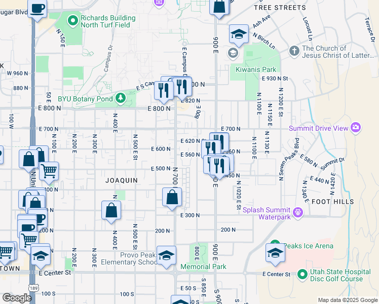 map of restaurants, bars, coffee shops, grocery stores, and more near 617 800 East in Provo