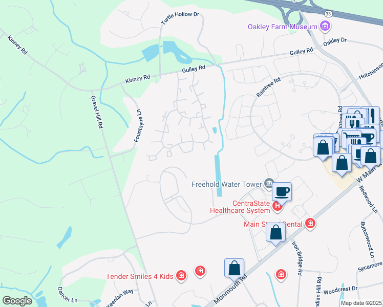 map of restaurants, bars, coffee shops, grocery stores, and more near 11 Interlaken Court in Freehold