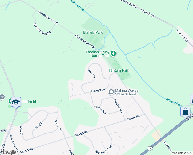 map of restaurants, bars, coffee shops, grocery stores, and more near 35 Jared Drive in Robbinsville Township