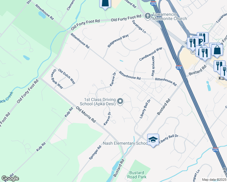 map of restaurants, bars, coffee shops, grocery stores, and more near 423 Cedartop Court in Harleysville