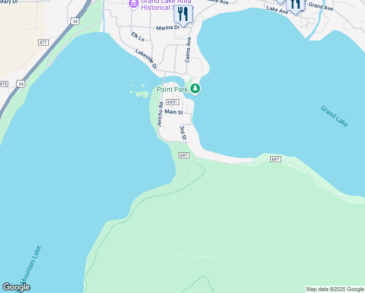 map of restaurants, bars, coffee shops, grocery stores, and more near 206 Jerico Road in Grand Lake