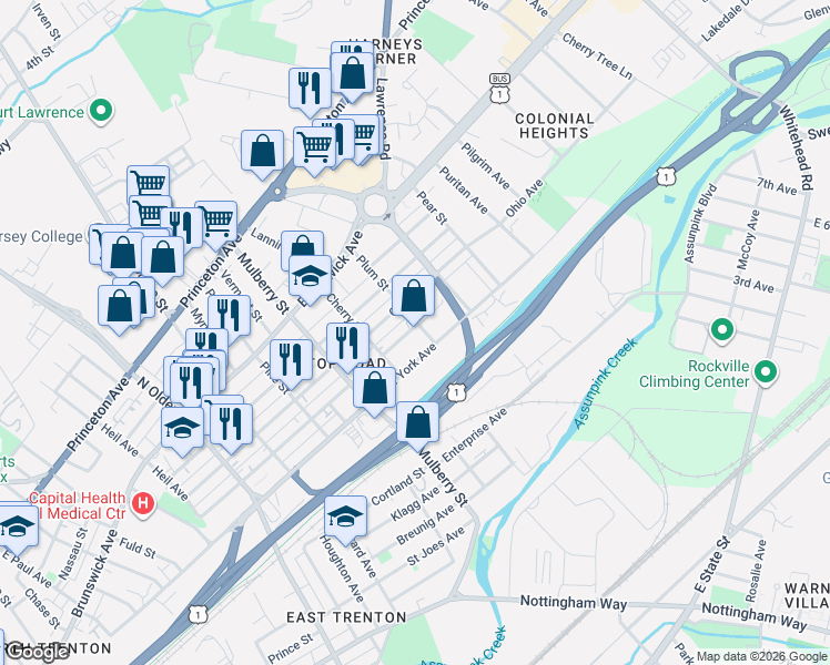 map of restaurants, bars, coffee shops, grocery stores, and more near 600 Plum Street in Trenton