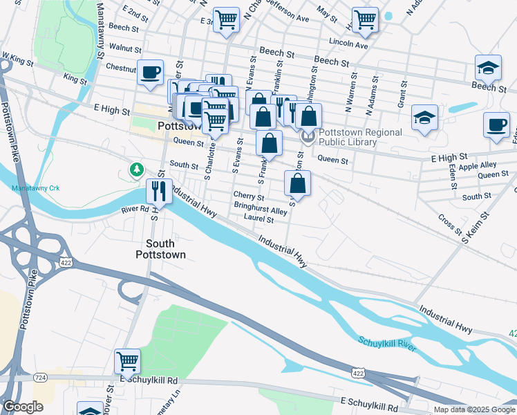 map of restaurants, bars, coffee shops, grocery stores, and more near 164 South Franklin Street in Pottstown