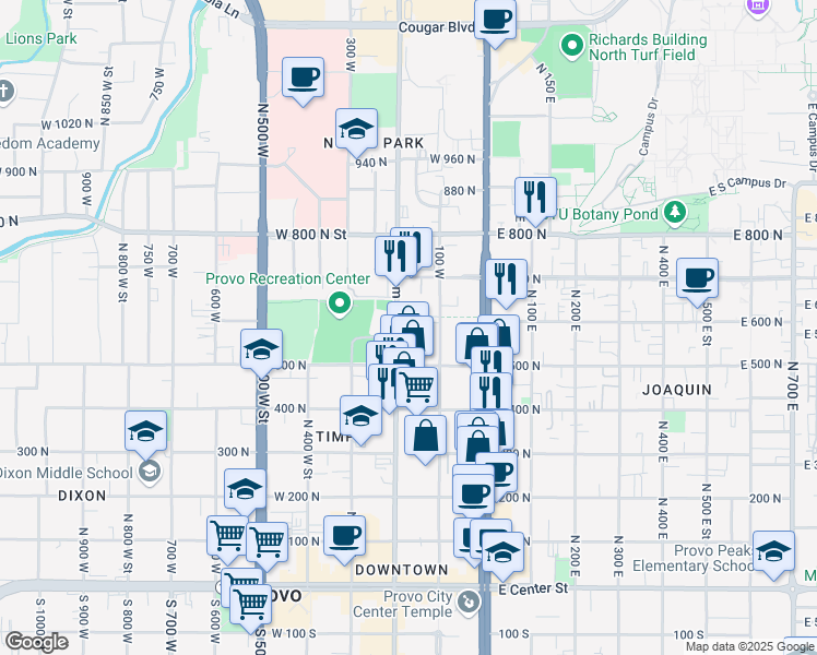 map of restaurants, bars, coffee shops, grocery stores, and more near 538 North Freedom Boulevard in Provo