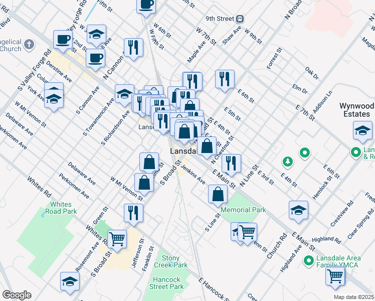 map of restaurants, bars, coffee shops, grocery stores, and more near 1 South Broad Street in Lansdale