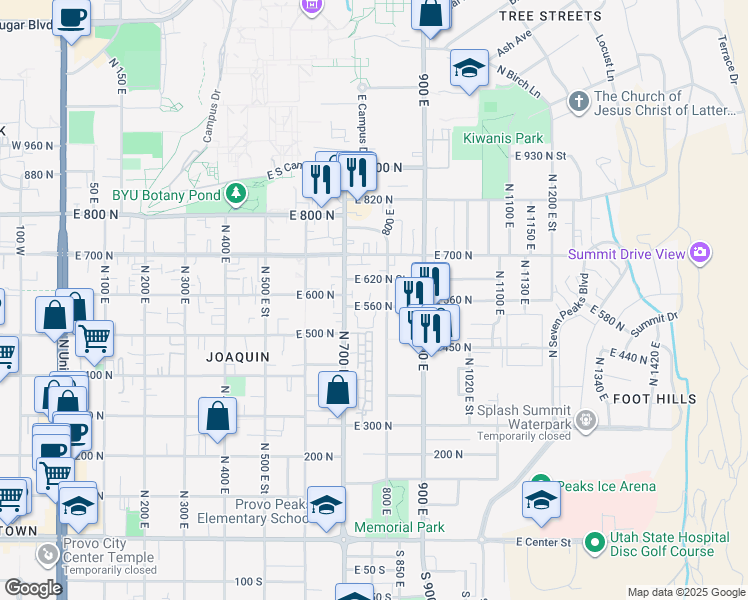 map of restaurants, bars, coffee shops, grocery stores, and more near 765 East 560 North in Provo