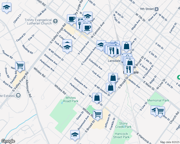 map of restaurants, bars, coffee shops, grocery stores, and more near 362 York Avenue in Lansdale