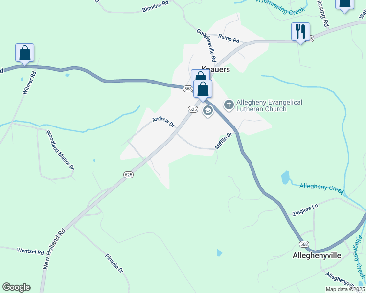 map of restaurants, bars, coffee shops, grocery stores, and more near 5004 Mifflin Drive in Mohnton