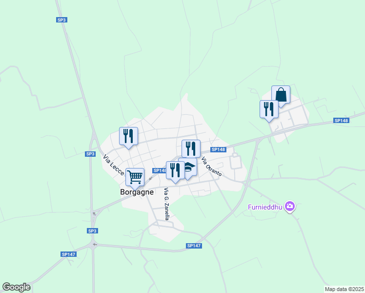 map of restaurants, bars, coffee shops, grocery stores, and more near 13 Via Guglielmo Marconi in Borgagne