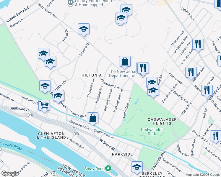 map of restaurants, bars, coffee shops, grocery stores, and more near 122 Renfrew Avenue in Trenton