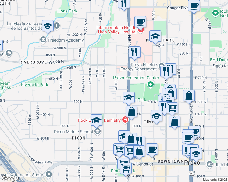 map of restaurants, bars, coffee shops, grocery stores, and more near 595 600 West in Provo