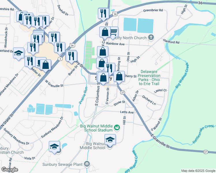 map of restaurants, bars, coffee shops, grocery stores, and more near 66 Vernon Street in Sunbury