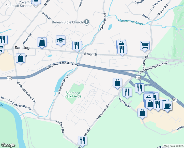 map of restaurants, bars, coffee shops, grocery stores, and more near 201 South Park Road in Pottstown