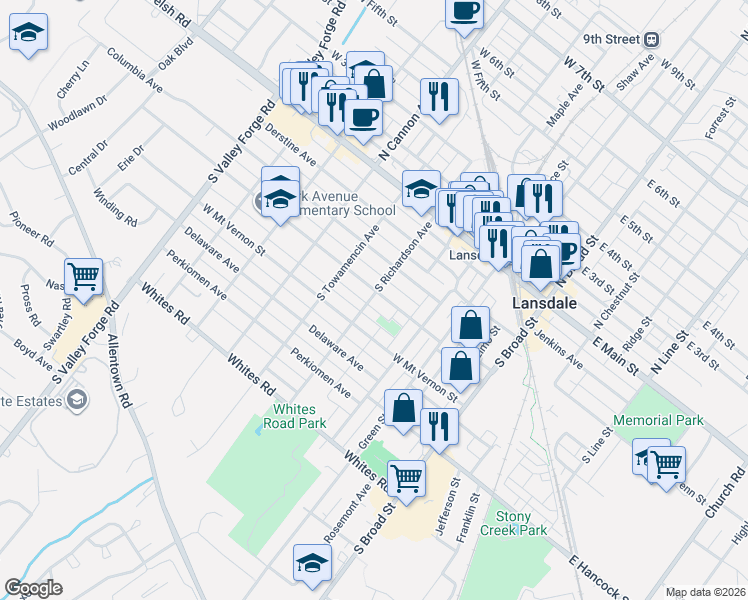 map of restaurants, bars, coffee shops, grocery stores, and more near 401 York Avenue in Lansdale