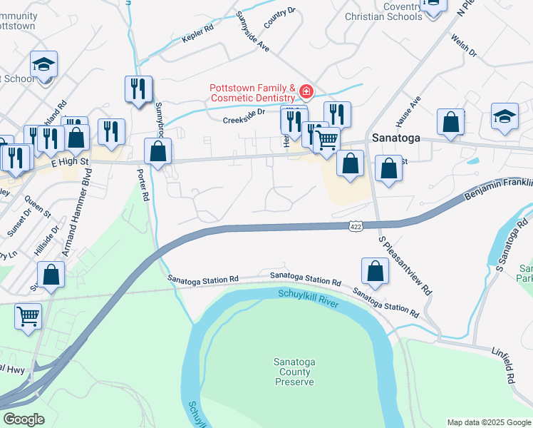 map of restaurants, bars, coffee shops, grocery stores, and more near 633 Maple Glen Circle in Pottstown