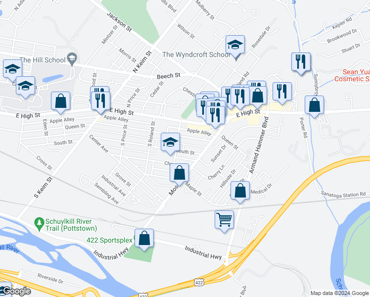 map of restaurants, bars, coffee shops, grocery stores, and more near 1313 South Street in Pottstown