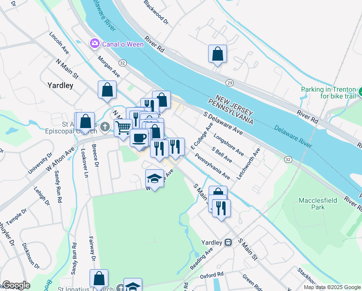 map of restaurants, bars, coffee shops, grocery stores, and more near 34 East College Avenue in Yardley