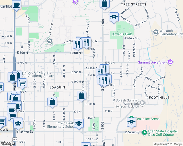 map of restaurants, bars, coffee shops, grocery stores, and more near 785 East 560 North in Provo