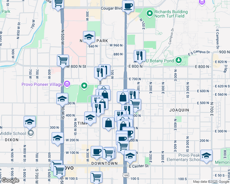 map of restaurants, bars, coffee shops, grocery stores, and more near 620 100 West in Provo