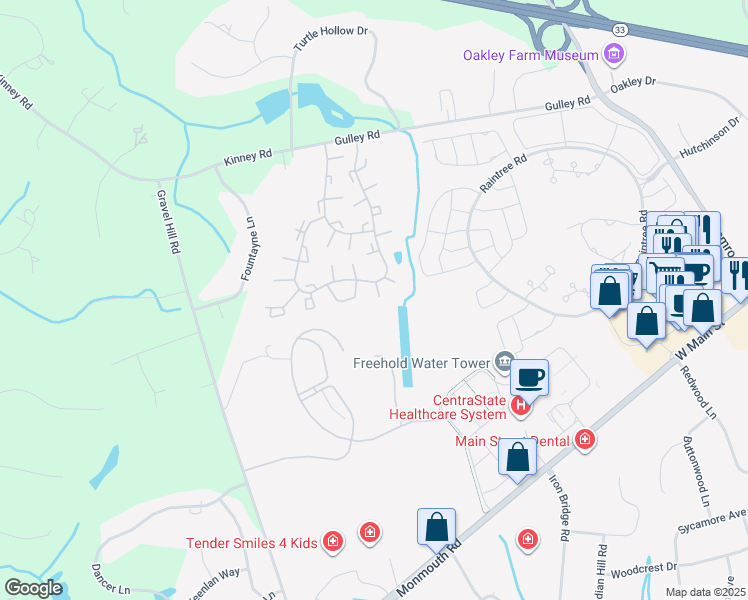 map of restaurants, bars, coffee shops, grocery stores, and more near 11 Interlaken Court in Freehold