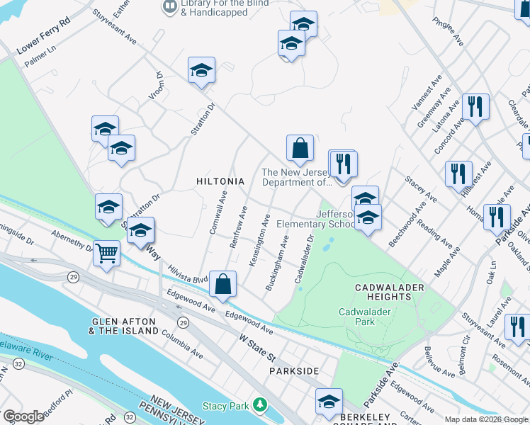 map of restaurants, bars, coffee shops, grocery stores, and more near 122 Renfrew Avenue in Trenton