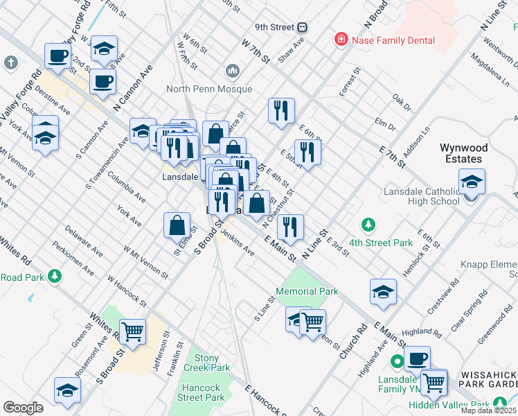 map of restaurants, bars, coffee shops, grocery stores, and more near 24 East 3rd Street in Lansdale