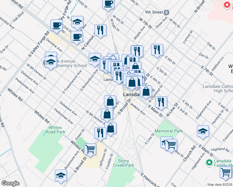 map of restaurants, bars, coffee shops, grocery stores, and more near 35 Green Street in Lansdale