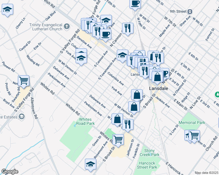 map of restaurants, bars, coffee shops, grocery stores, and more near 362 York Avenue in Lansdale