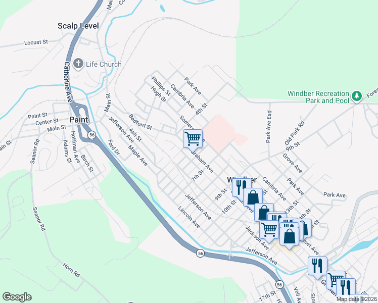 map of restaurants, bars, coffee shops, grocery stores, and more near 412 Graham Avenue in Windber