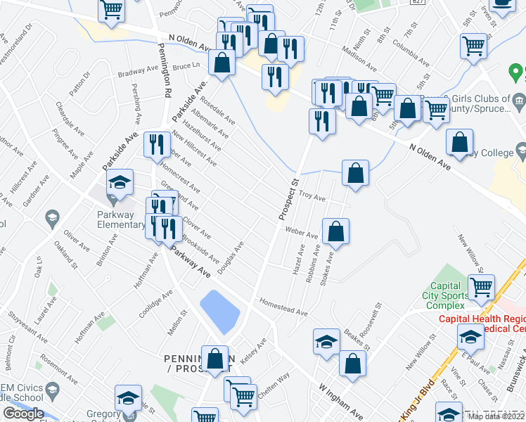 map of restaurants, bars, coffee shops, grocery stores, and more near 132 Weber Avenue in Ewing Township