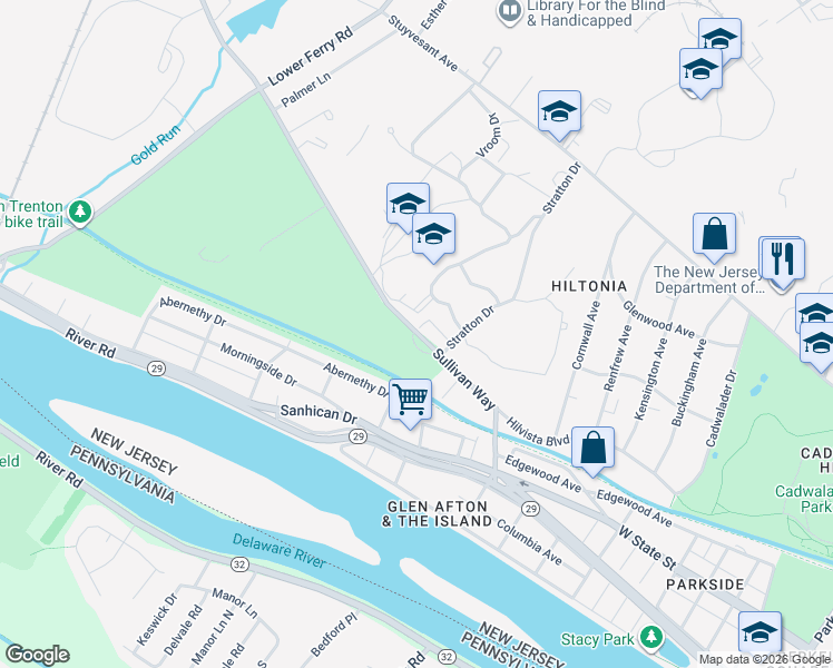 map of restaurants, bars, coffee shops, grocery stores, and more near 101 Sullivan Way in Trenton