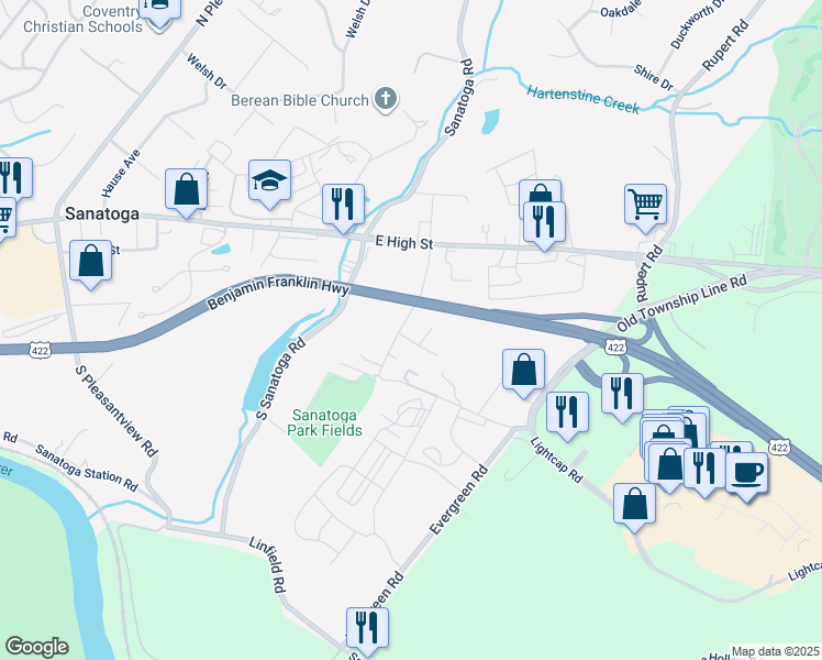 map of restaurants, bars, coffee shops, grocery stores, and more near 201 South Park Road in Pottstown