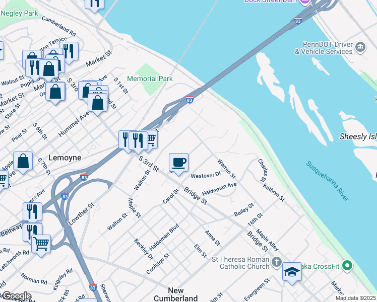 map of restaurants, bars, coffee shops, grocery stores, and more near 245 Clark St in Lemoyne