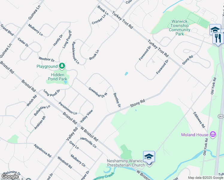 map of restaurants, bars, coffee shops, grocery stores, and more near 1410 Bentley Drive in Warrington