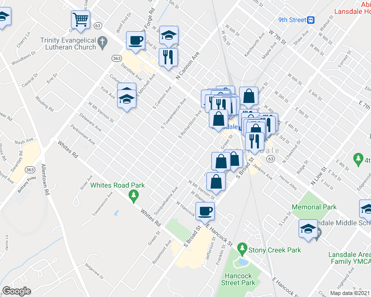 map of restaurants, bars, coffee shops, grocery stores, and more near 341 York Avenue in Lansdale