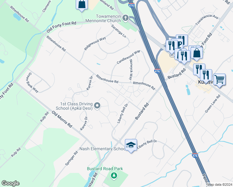 map of restaurants, bars, coffee shops, grocery stores, and more near 203 Heritage Drive in Harleysville