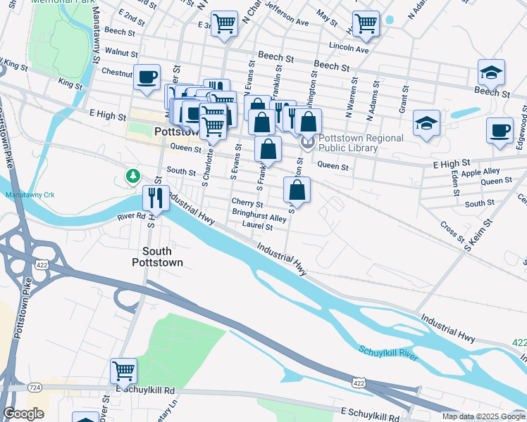 map of restaurants, bars, coffee shops, grocery stores, and more near 410 Cherry Street in Pottstown