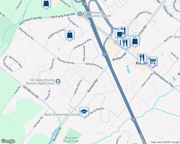 map of restaurants, bars, coffee shops, grocery stores, and more near 102 Westminster Court in Harleysville