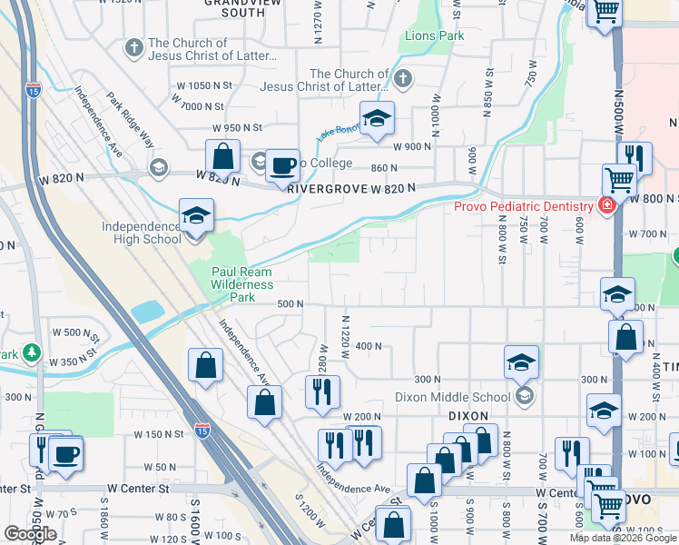 map of restaurants, bars, coffee shops, grocery stores, and more near 1232 West 580 North Street in Provo