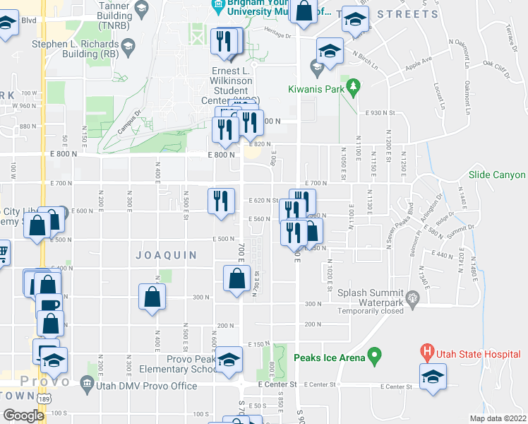 map of restaurants, bars, coffee shops, grocery stores, and more near 617 800 East in Provo
