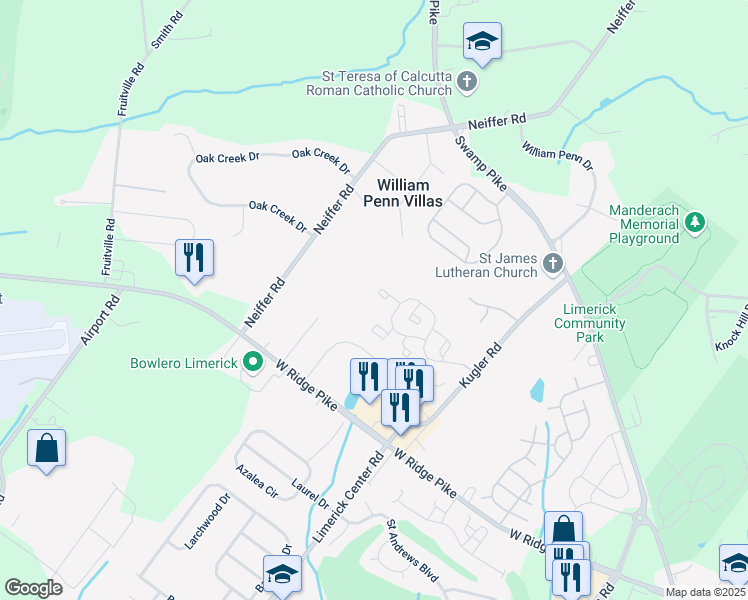 map of restaurants, bars, coffee shops, grocery stores, and more near 58 Cedar Court in Royersford