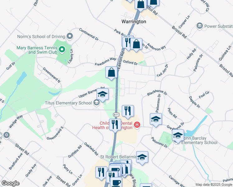 map of restaurants, bars, coffee shops, grocery stores, and more near 944 Easton Road in Warrington