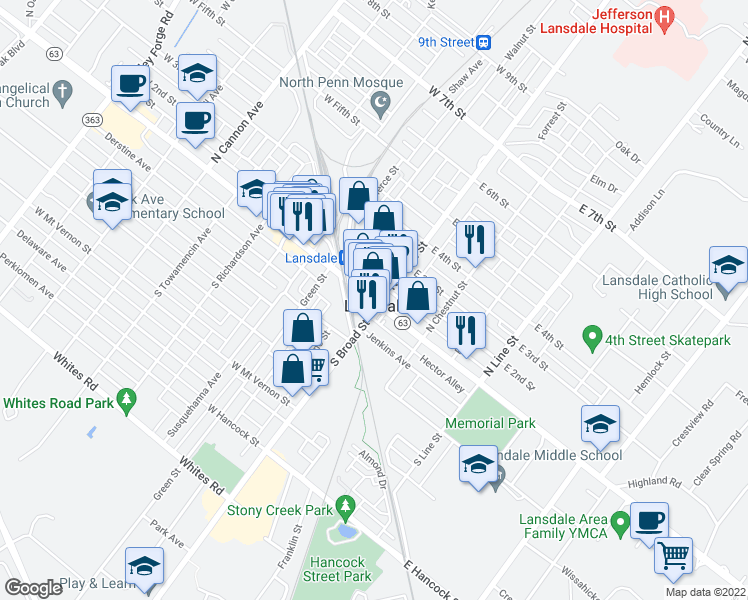 map of restaurants, bars, coffee shops, grocery stores, and more near 3 West Main Street in Lansdale